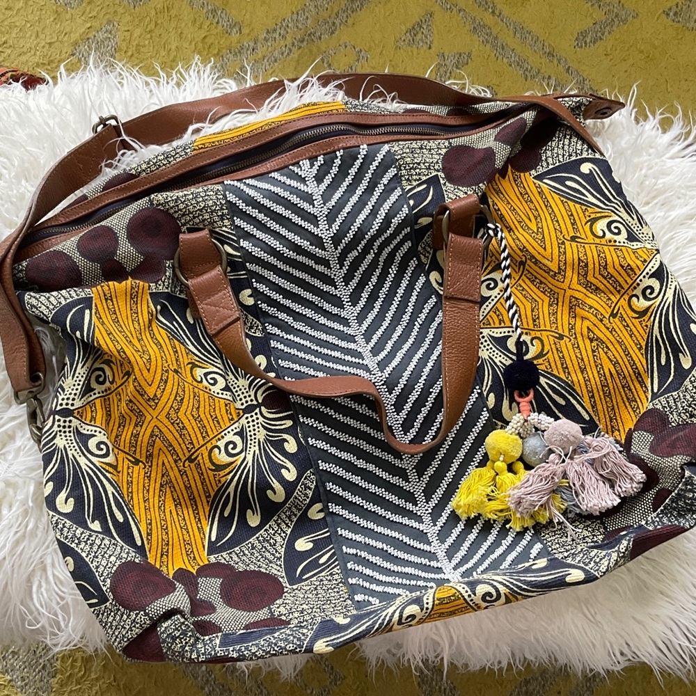 Vibrant Patterned Tote Bag with Brown and Yellow Accents